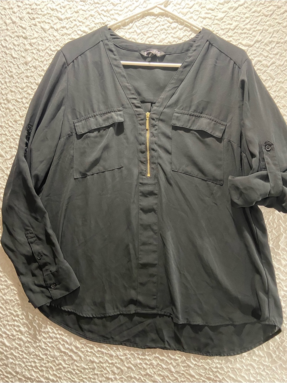 Express Black Long-Sleeve Casual Button-Down with Gold Zip